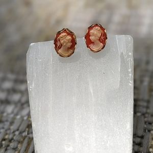 SOLD Tiny Cameo Stud Earring Set with Lady's Portrait + Gold-Tone | VICTORIAN